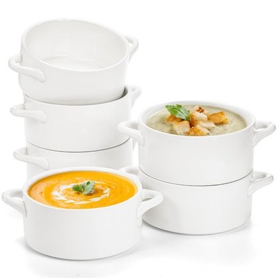 Set of 6 French Onion Soup Bowls with Handles 22 Oz Oven Safe Porcelain