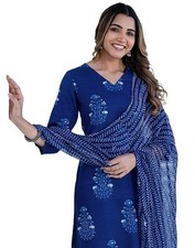 Women's Cotton Floral Printed Straight Kurta Pant with Dupatta Handblock print