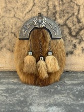 Men's Scottish Brown Fur Sporran Thistle Cantle Metal Celtic 3 Tassel with chain