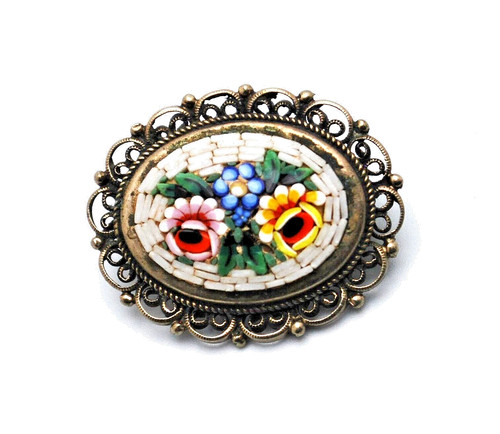 Brilliant Antique Italian Micro Mosaic Inlay Brooch Pin !