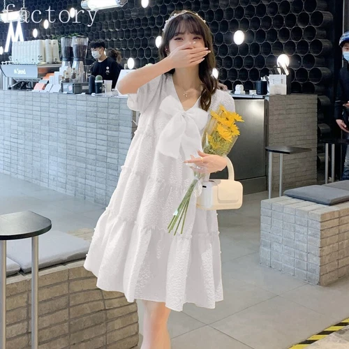 Women Babydoll Puff Sleeve Cute Dress Bow Swing Tiered Mini Ruffle Beaded - Bild 7 von 17