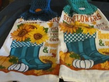 TWO HANDMADE CROCHETED HANGING KITCHEN TOWELS SUNFLOWERS IN RAINBOOTS.