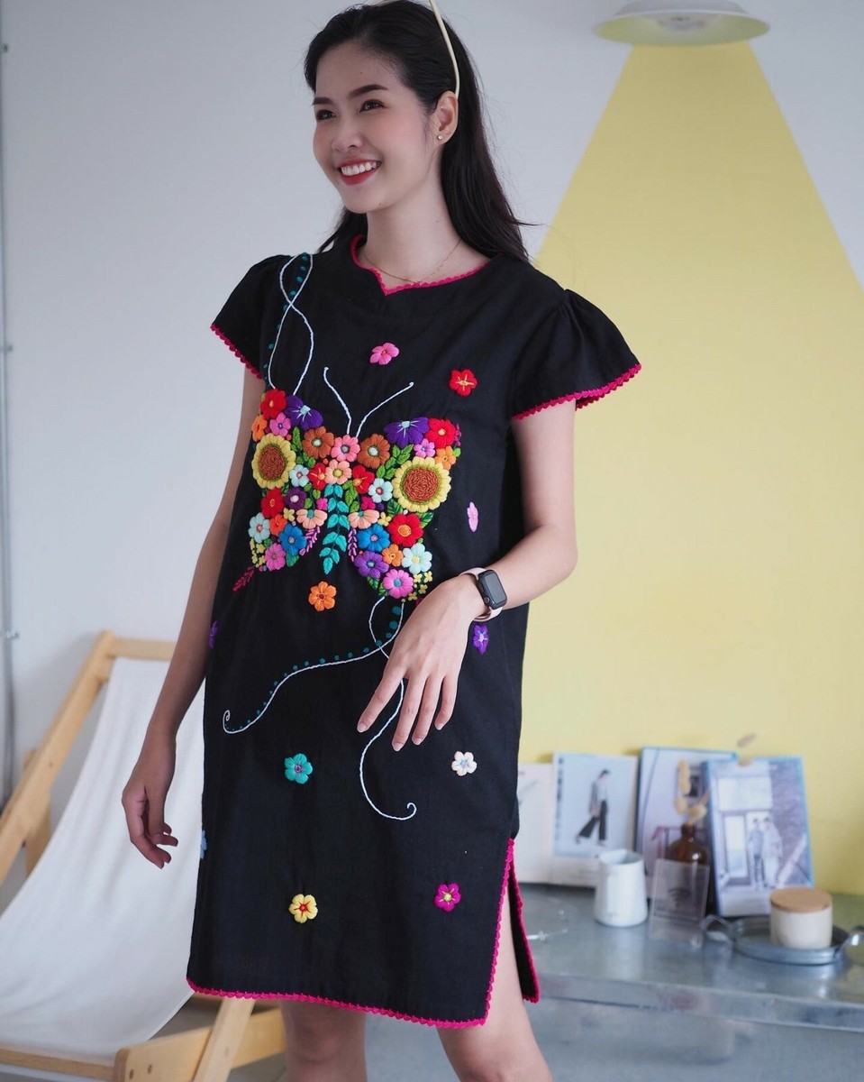 handicraft dress design Short Round Neck Babydoll Dress Handmade Multi-Color Embroidery Design