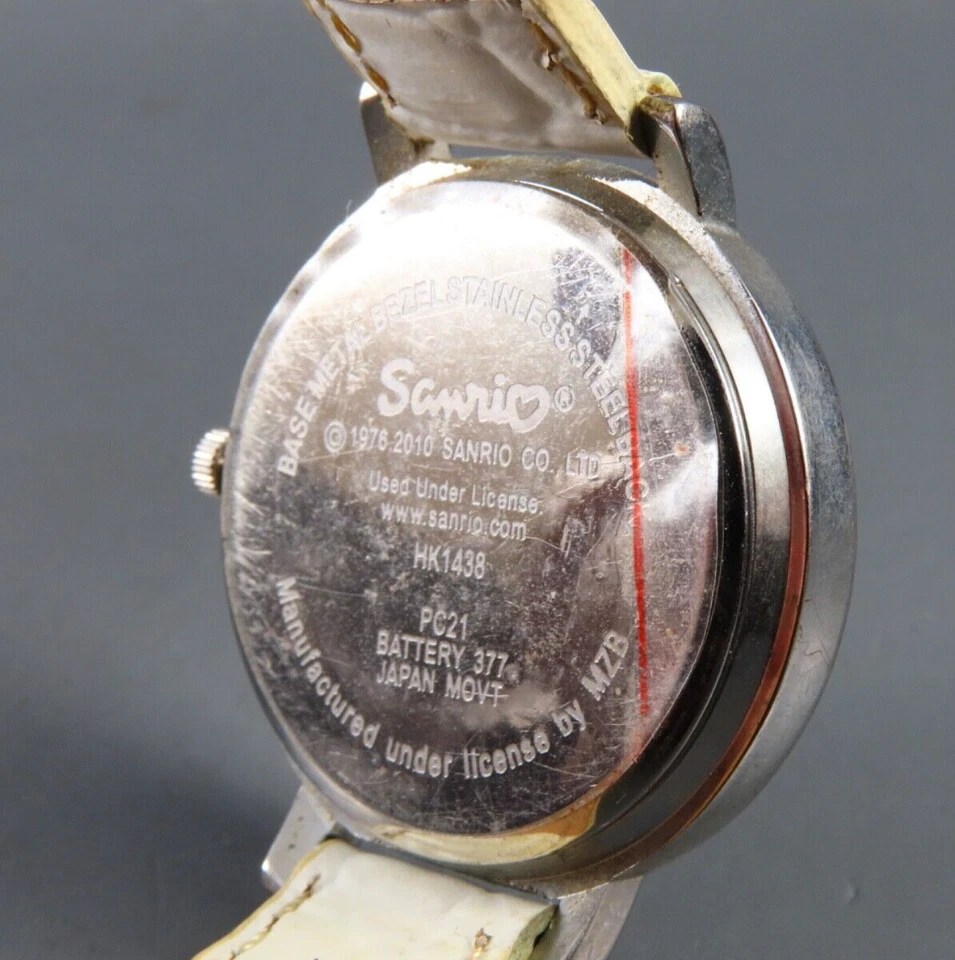 HELLO KITTY Sanrio Wrist Watch CRYSTAL BEZEL & NUMBERS White Leather Band SILVER - Image 4 of 4