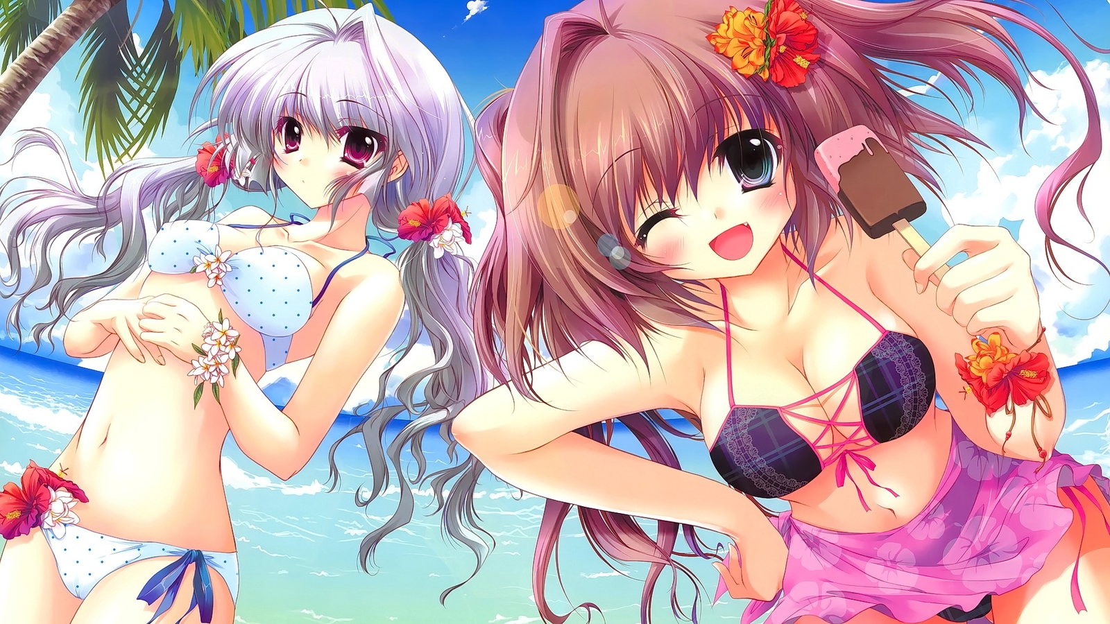 Anime girls brunette white hair wink long sky clouds Playmat Gaming Mat Desk