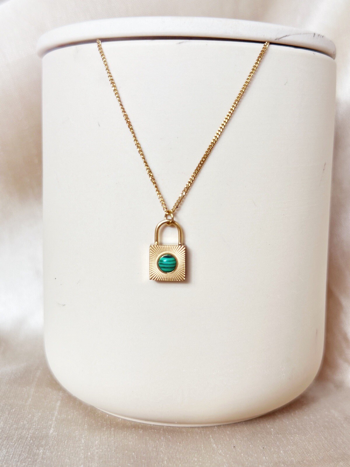 Gold Plated Lock Emerald Necklace Minimalist Elegant Necklace NEW