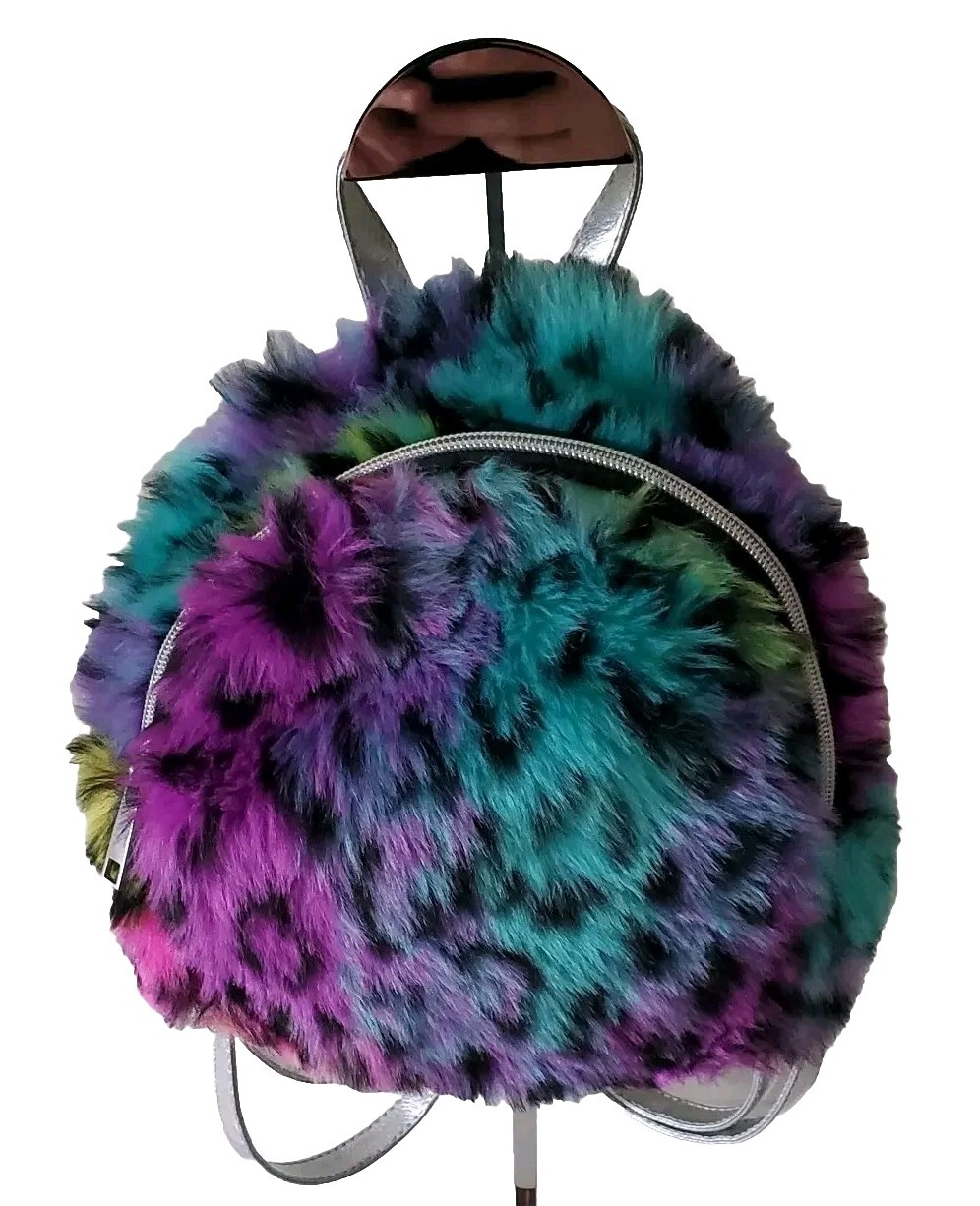Rainbow Silver Mini Faux Fur & Leather Backpack Purse for Women by Capelli NY