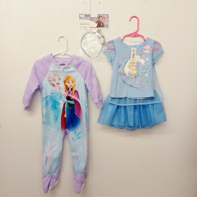 Disney Frozen Girls Tutu Skirt Set & 1 Pc Footed Pajamas Sets-2T-Purple-Blue
