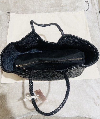 Black Genuine Leather Woven Weaved Nantucket Tote Bag BNWT La Via Italy, New - Picture 5 of 7