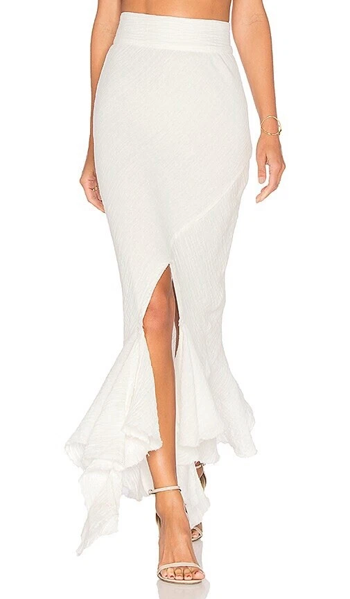 KITX BNWT Linen Offwhite Spiral Hem Mid Skirt Front Split Ruffle Size 6