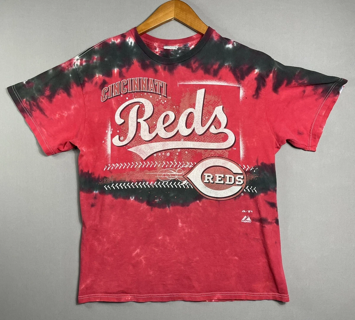 Cincinnati Reds Majestic Red T Shirt Tie Dye Black MLB Baseball Sports Tee  Sz L | eBay