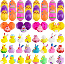 24Pcs Prefilled Easter Eggs with Toys, Printed Plastic Easter Eggs with Rubber D