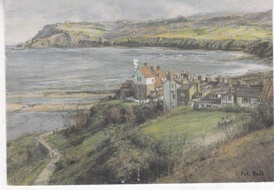 Pat Bell Robin Hoods Bay Postkarte verschickt 1995 Marken im Gesicht
