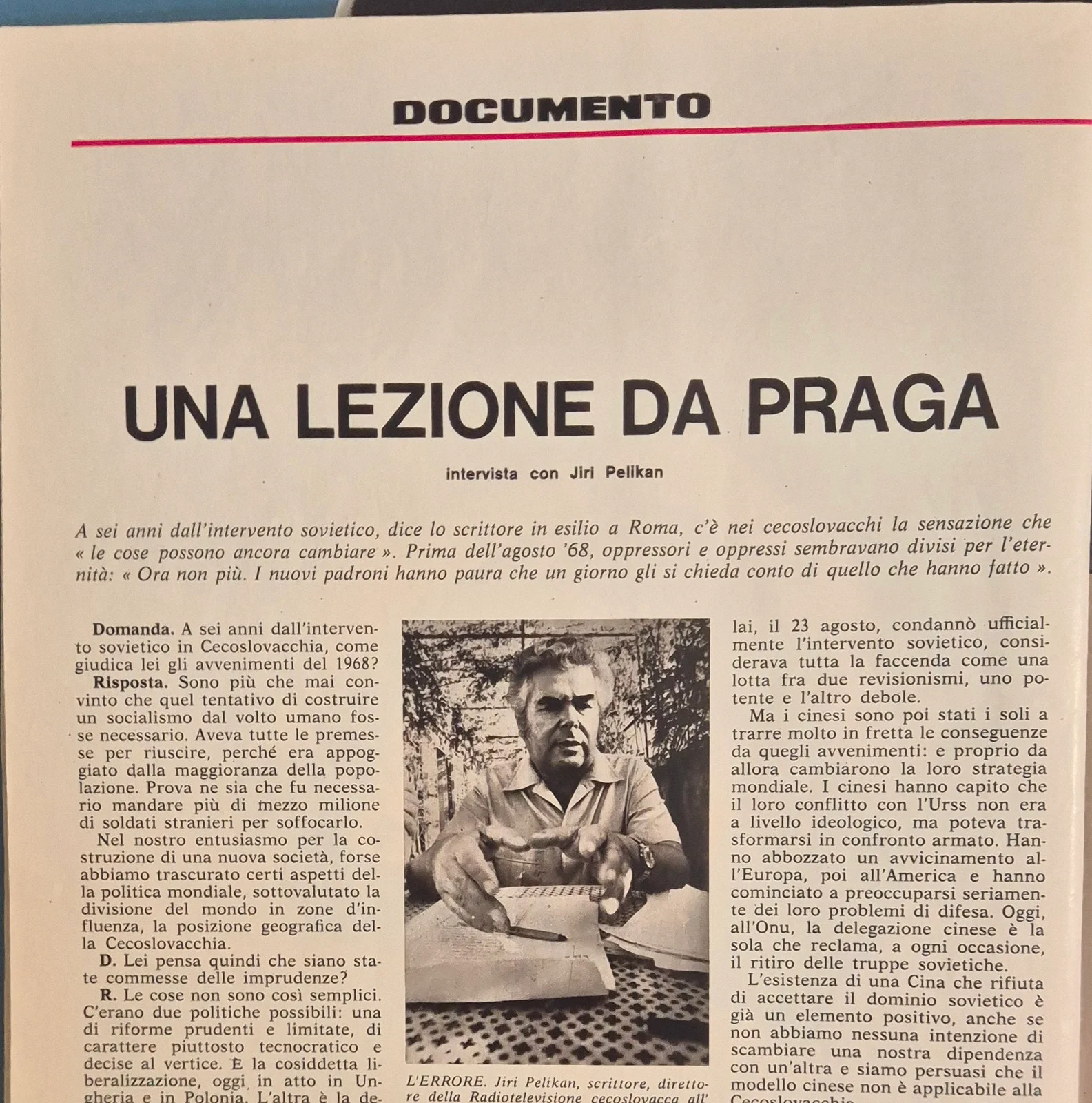 UNA LEZIONE DA PRAGA - JIRI PELIKAN - CLIPPING RITAGLI DI GIORNALE