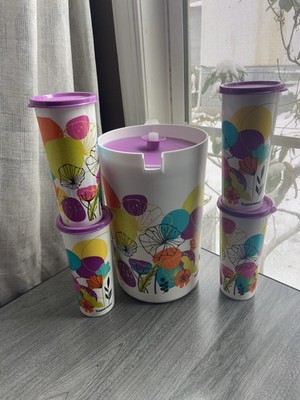 Tupperware Classic 1 Gallon Pitcher w/ 4 Tumblers With Lid 16oz Floral Design