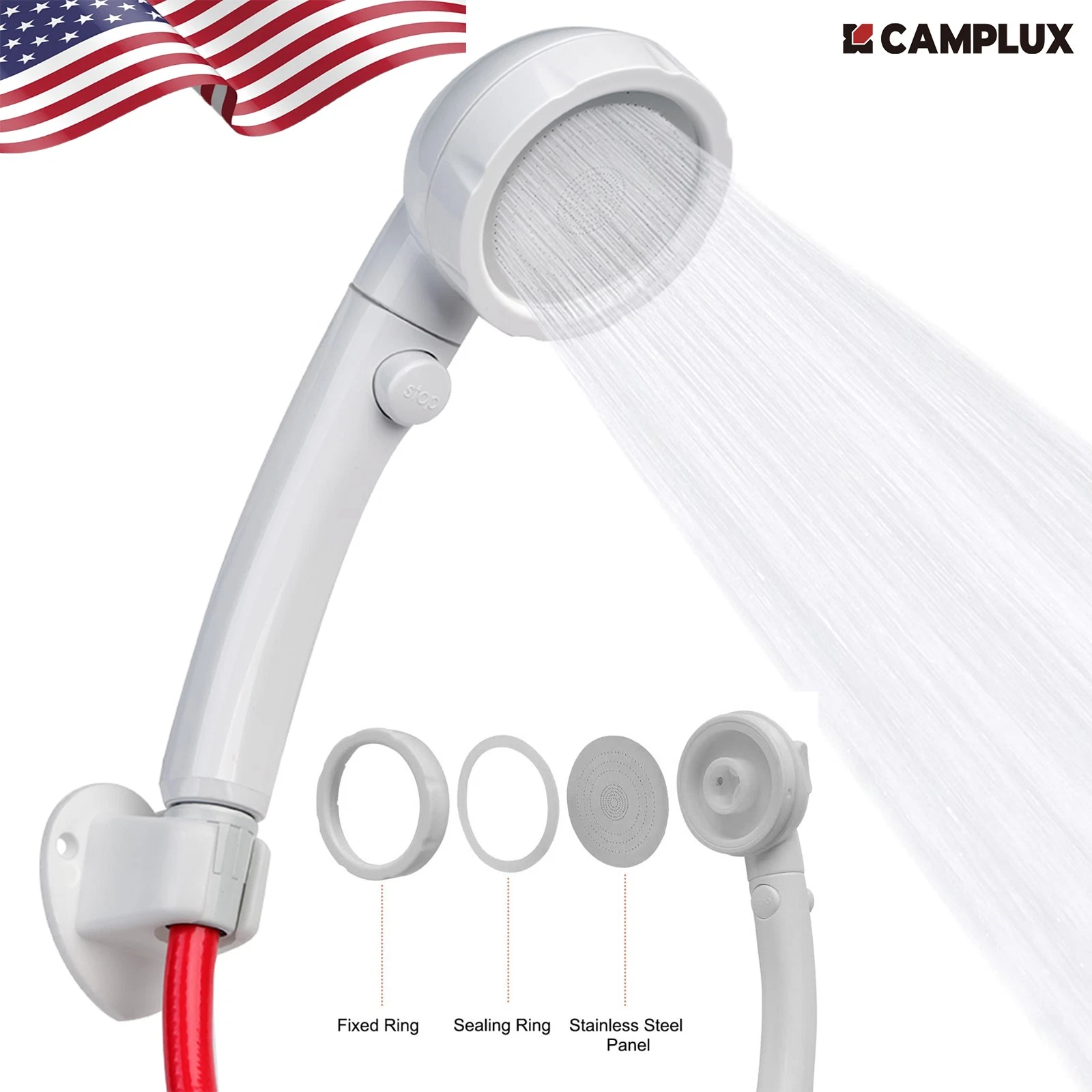 Camplux Hand Held Spray Showerhead High Pressure w/Garden Hose Quick Connector