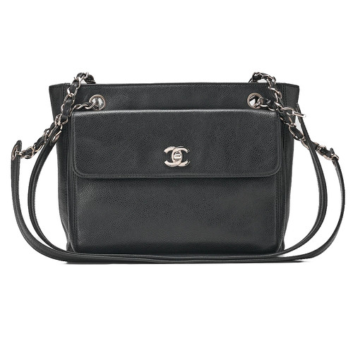 CHANEL Outside Flap Coco Mark Shoulder Bag Caviar Skin Black (Silver Hardware) L