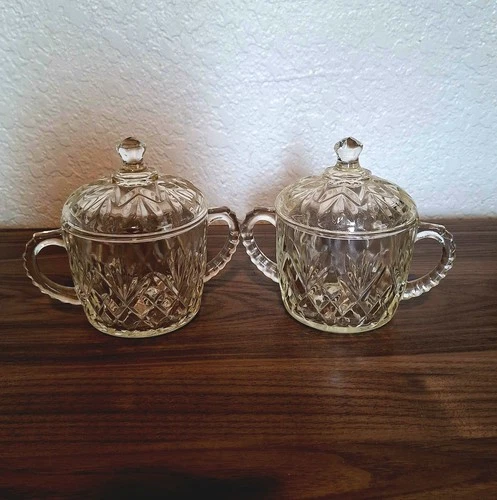 VTG Anchor Hocking Prescut Clear Glass Pineapple Motif Handled Sugar Bowl & Lid