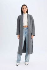 Relax Fit Shawl Collar Belted Long Cardigan Gray
