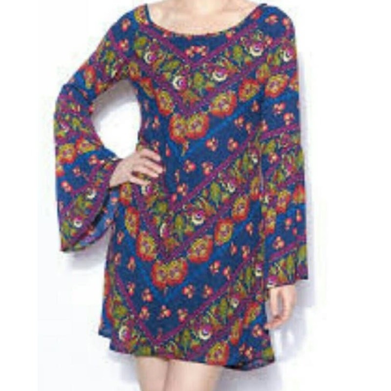Judith March Boho Hippie Floral Open Back Bell Sleeves Blue Dress Size Large