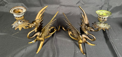 Vintage Brass Dragon Candlesticks Pair Gothic Winged Griffin Gargoyle Candle