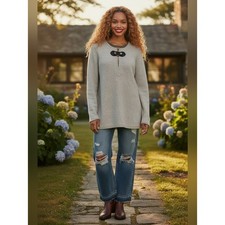 Tory Burch Mim Waffle Knit Tunic Sweater Leather Toggle Grey Womens Medium
