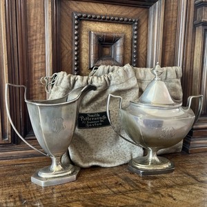 ANTIQUE STERLING SILVER CREAMER & SUGAR BOWL W BAGS SMITH PATTERSON 398 grams