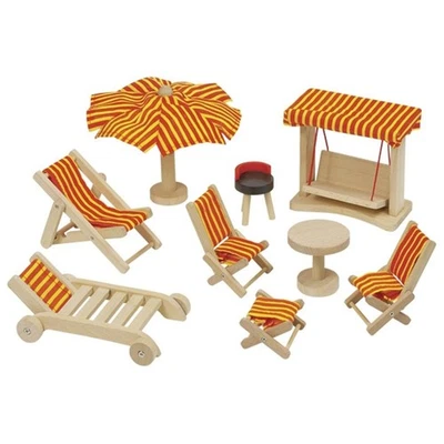 Goki 51913 - Gartenmöbel, 9-teilig, Puppenhausmöbel Spielzeug Holzspielzeug NEU - Bild 1 von 2