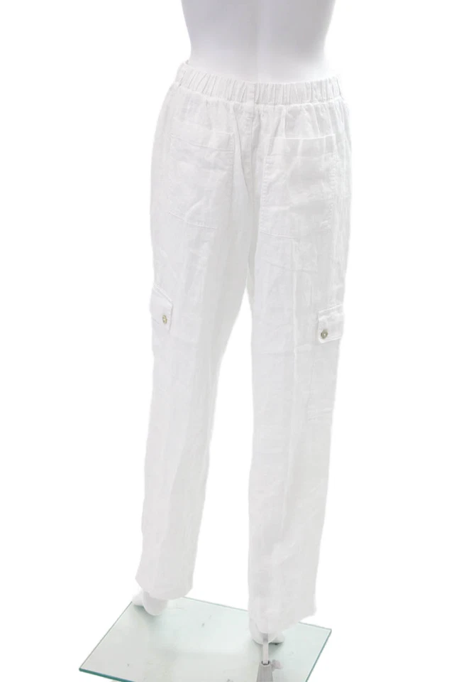 Pantalones cargo Bella Dahl para mujer de lino tiro alto pierna recta blancos talla pequeña Foto 3 de 4