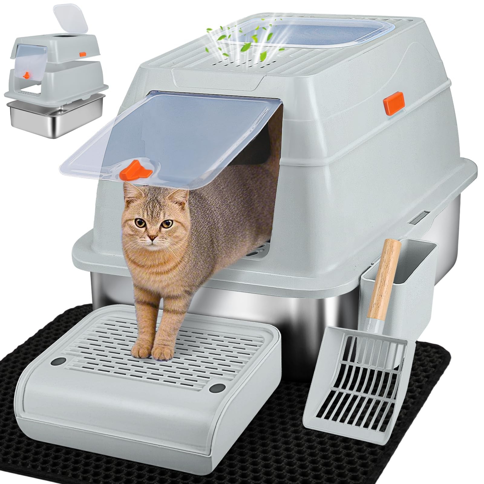 Stainless Steel Litter Box with Lid, XL Front Entry Enclosed Extra Large Litt...