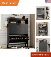 Shoe Storage Cabinet Narrow Shoe Organizer with 2 Flip Drawers Wooden Slim En...