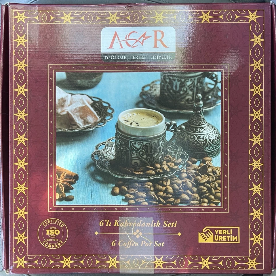 Juego de café turco 6 tazas platillos plato plata estilo otomano NUEVO EN CAJA Foto 2 de 3