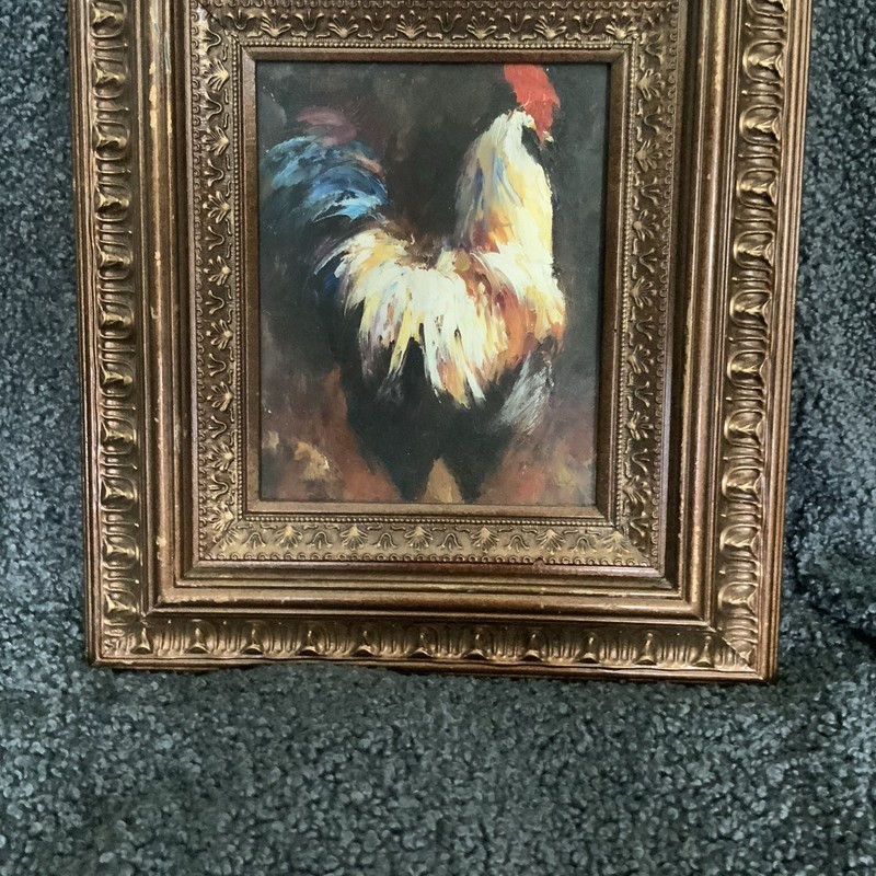 Framed Rooster Bird Painting, Impressionist Animal Art, Ornate Gold-Tone Frame