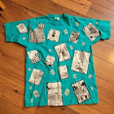 80s Vintage Stuart Cat T-Shirt Blue Black ESCHER Funny Cat Art Tee XL AOP 4A 