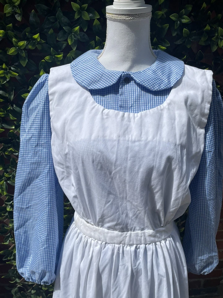 Vintage Pioneer Prairie Blue cotton calico dress White pinafore Cottagecore S/M - Image 3 of 4
