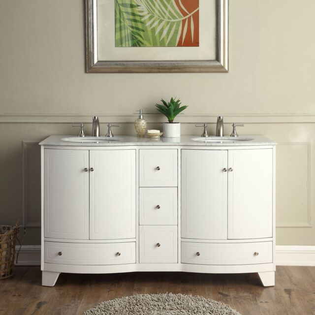 60 0291w Bathroom Dual Vanity Marble Stone Top Double Sink Basin Cabinet