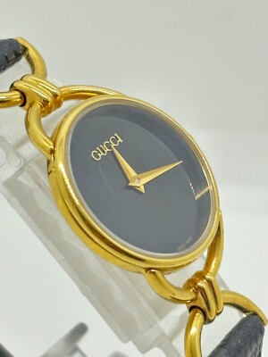 Exc+5] Gucci 6000.2.L Gold Plated Black Dial Ladies Watch Used
