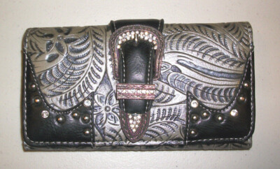P & G Collection Western Style Gray PU Leather Wallet Clutch w/Bling! 4'' X 7.25''