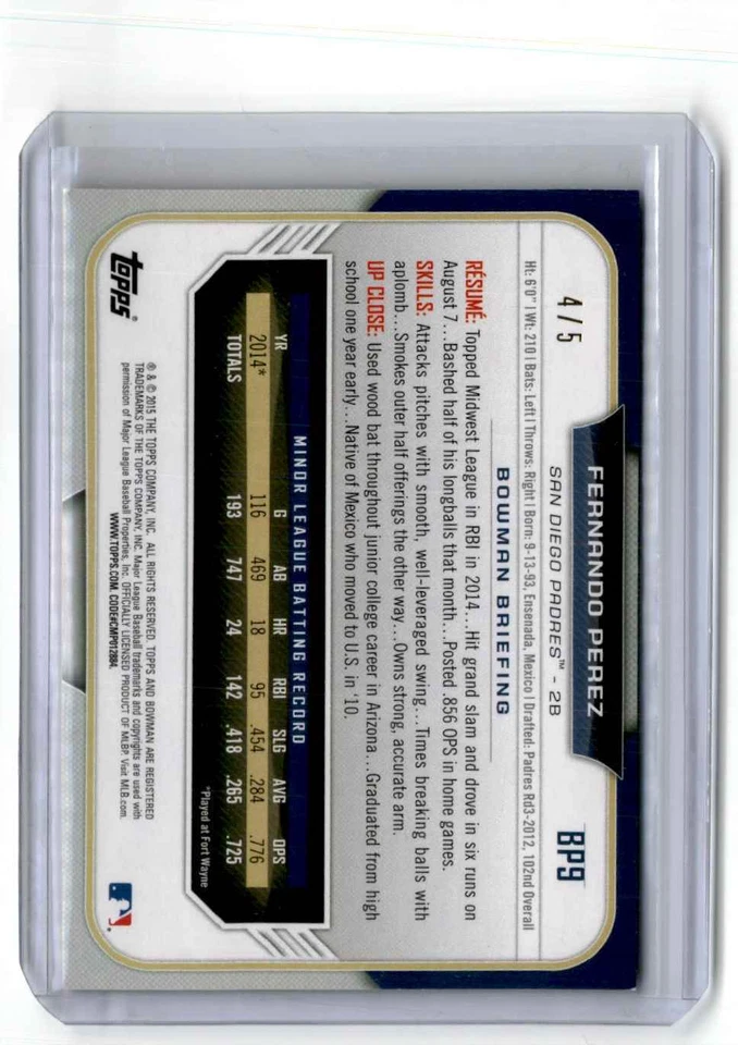 2015 Bowman Prospects Red Fernando Perez 4/5 San Diego Padres #BP9 - Image 2 of 2
