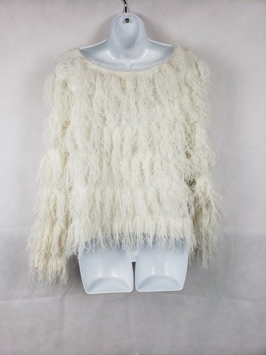 Promesa S/M Women's White Faux Fur Knit Sweater Hand Wash Long Sleeve Crop - Picture 2 of 5