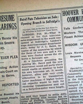 JOHN LOGIE BAIRD Early Father of Television TV Goes on Sale 1928 OLD Newspaper