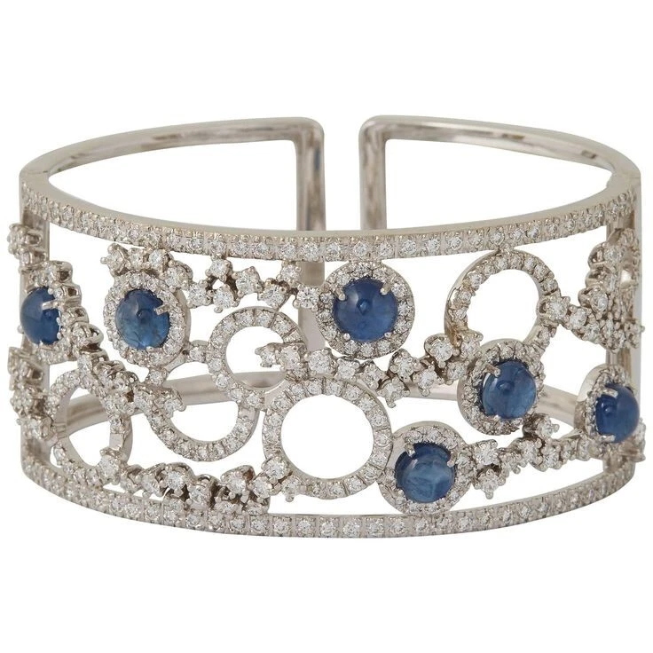 19.72 TCW Round Cut Tanzanite & Sapphire Beautiful Cuff Style Bracelet For Woman - Image 2 of 4