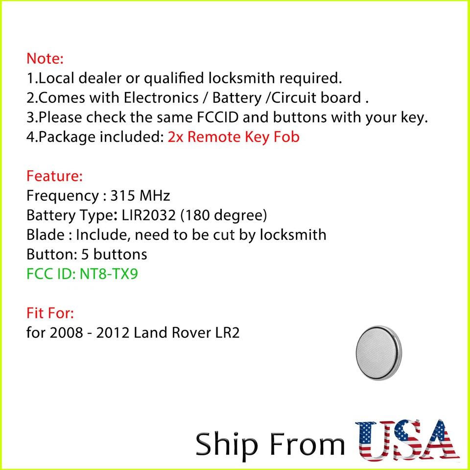 2 para Land Rover LR2 2008 2009 2010 2011 2012 entrada sin llave mando a distancia 5B Foto 2 de 4