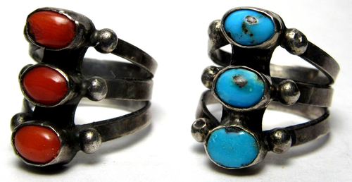 PAIR Navajo Old Pawn 3 STONE ROW Coral Turquoise Silver Native American RINGS s4 - Picture 17 of 24