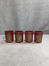 4 Glass 2.5" Tea Light Candle Holders Red Gold Trees Home Decor