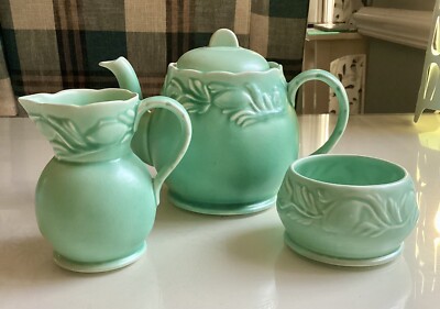 Ollivant Keramik Jugendstil Grün Teeservice, Kanne, Milchkännchen, Zucker selten