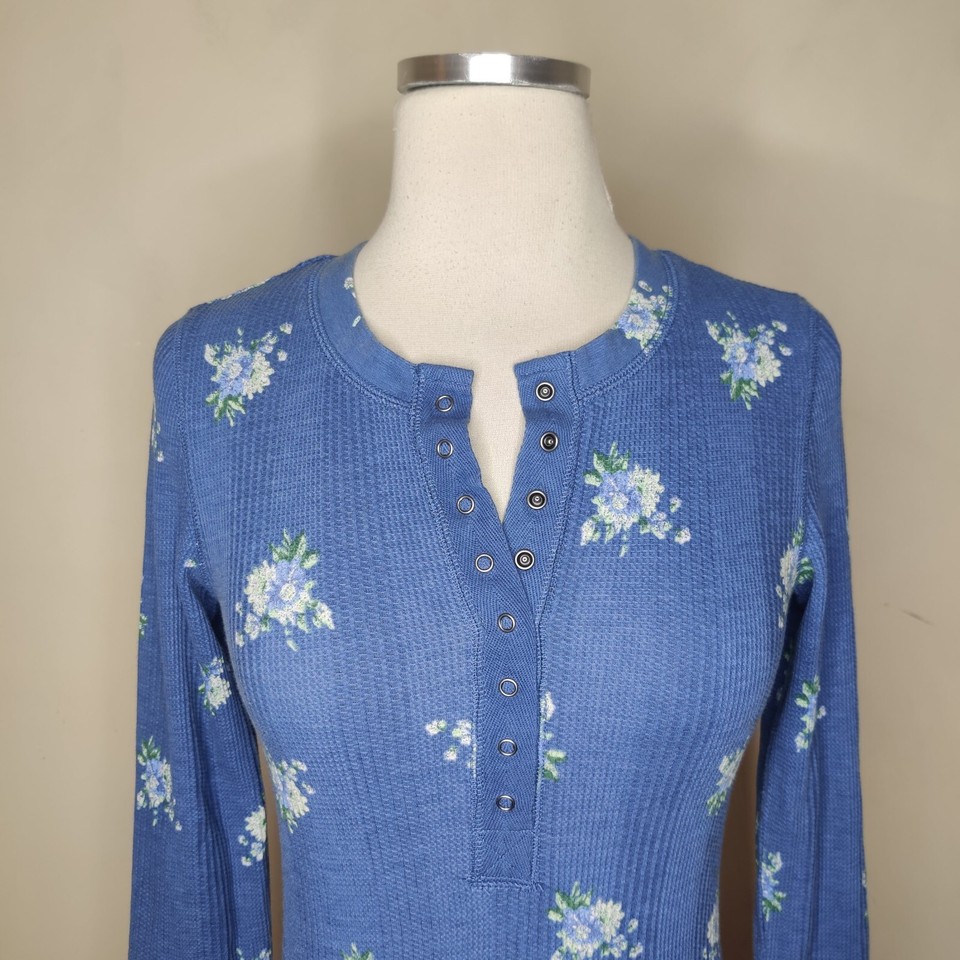 Aerie Floral Henley Top XS Women's Long Sleeve Blue Cotton Thermal eBay