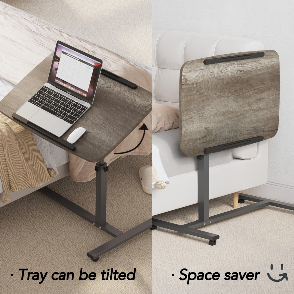 Adjustable Overbed Bedside Table with Wheels Rolling Laptop Tray Desk