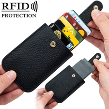 Slim Wallet Pull Out Leather Card Case RFID Blocking Credit Card Holder Purse