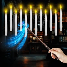 12 Enchanted Floating Candles Set LED Flickering Lights /w Wizard Wand Remotes